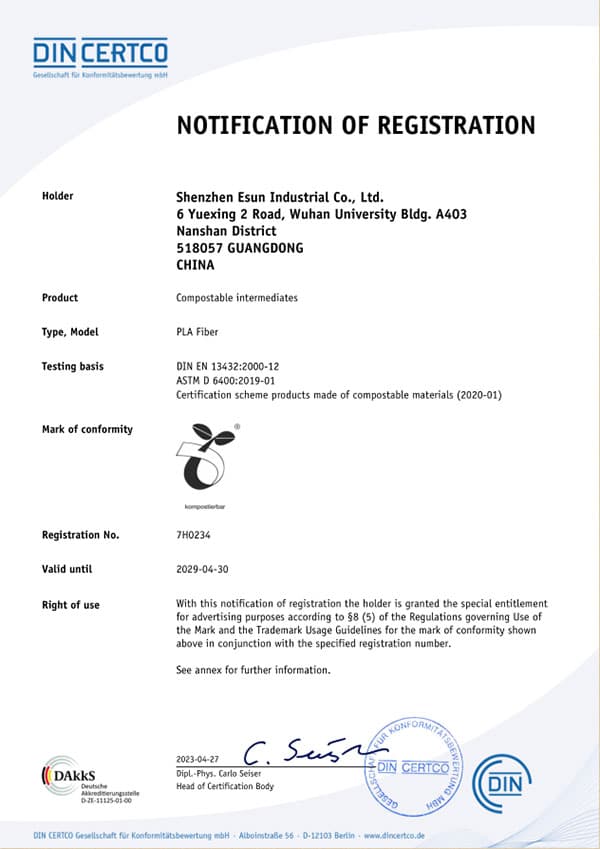 eSUN PLA Fiber DIN certification